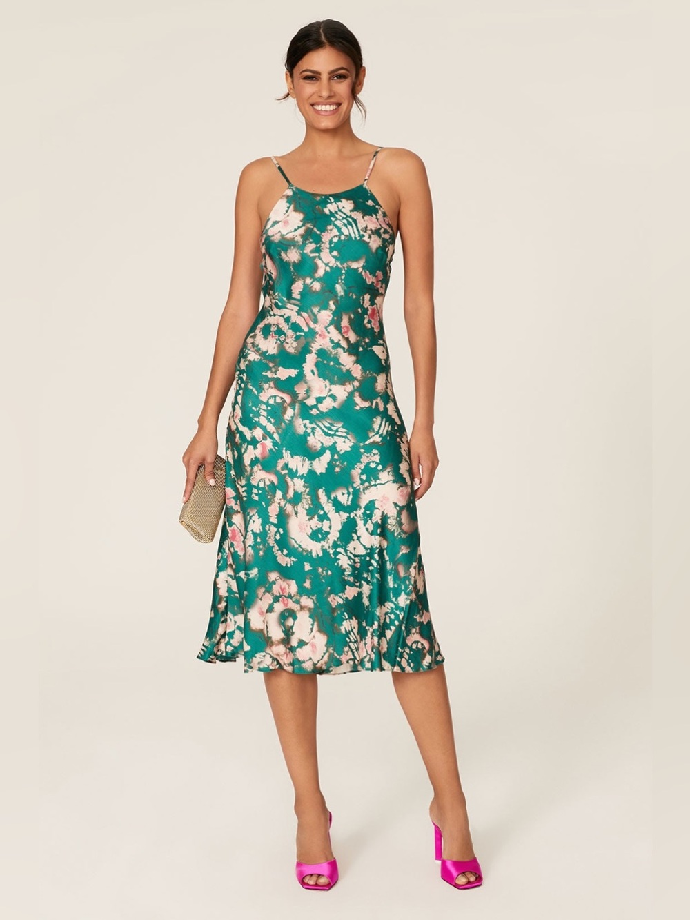Fame and Partners Deryn Teal Floral Slip Midi Dress Medium